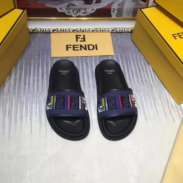 Fendi Slide Black and Navy Multicolor FF Webbing Slippers 1