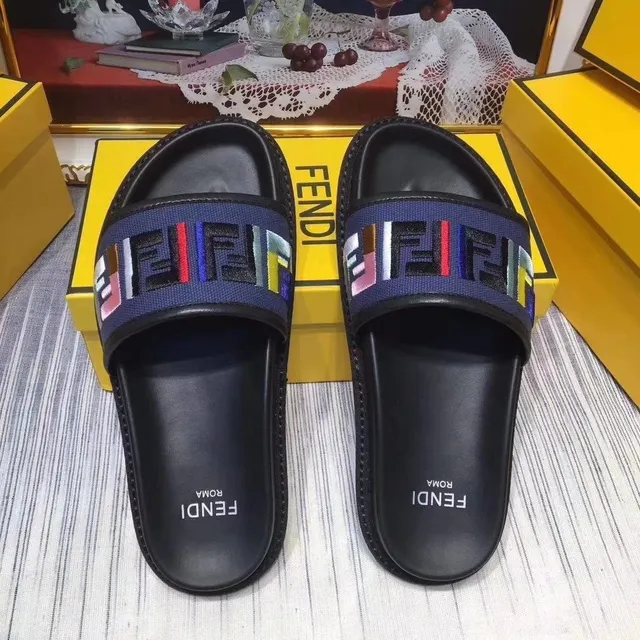 Fendi Slide Black and Navy Multicolor FF Webbing Slippers 2