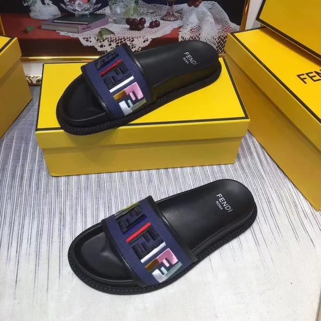 Fendi Slide Black and Navy Multicolor FF Webbing Slippers 4