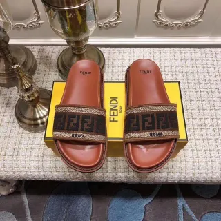 Fendi Slide Brown Leather FF Monogram Strap Slippers