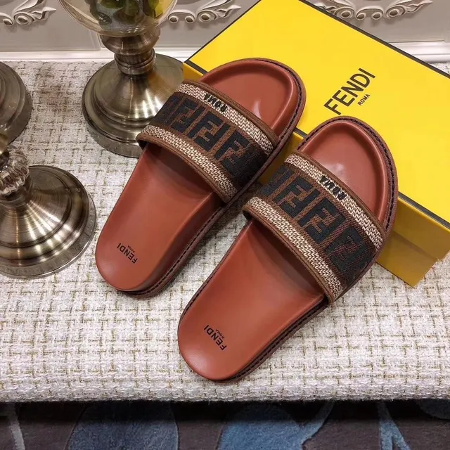 Fendi Slide Couro Marrom FF Monograma Tirante Chinelos 3