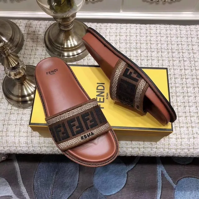 Fendi Slide Couro Marrom FF Monograma Tirante Chinelos 4