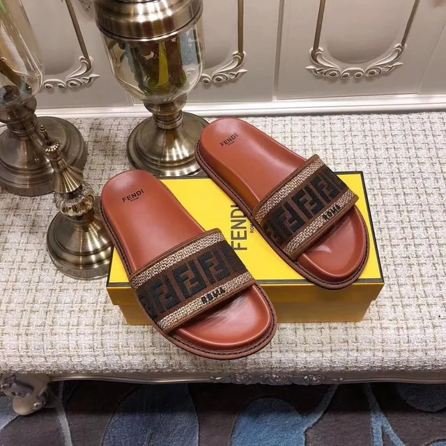 Fendi Slide Couro Marrom FF Monograma Tirante Chinelos 5