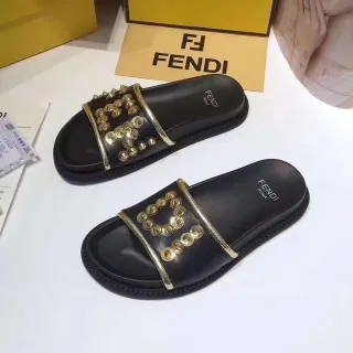 Fendi Studded Gold-Tone Double-Strap Black Slippers