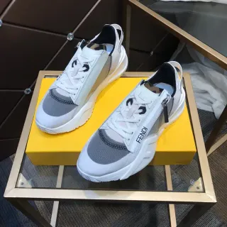 Fendi White Gray Sole Mixed-Material Upper Chunky Sneakers
