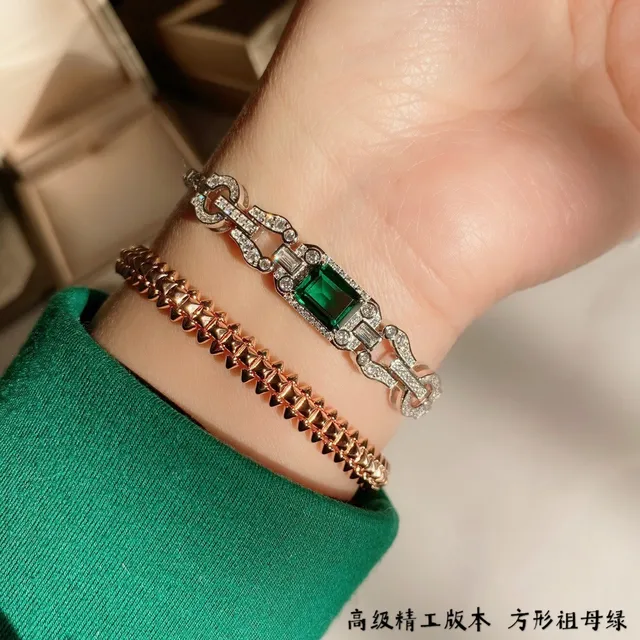 Art Deco-Inspired Pavé-Set Emerald-Cut Green Gemstone Bracelet 7