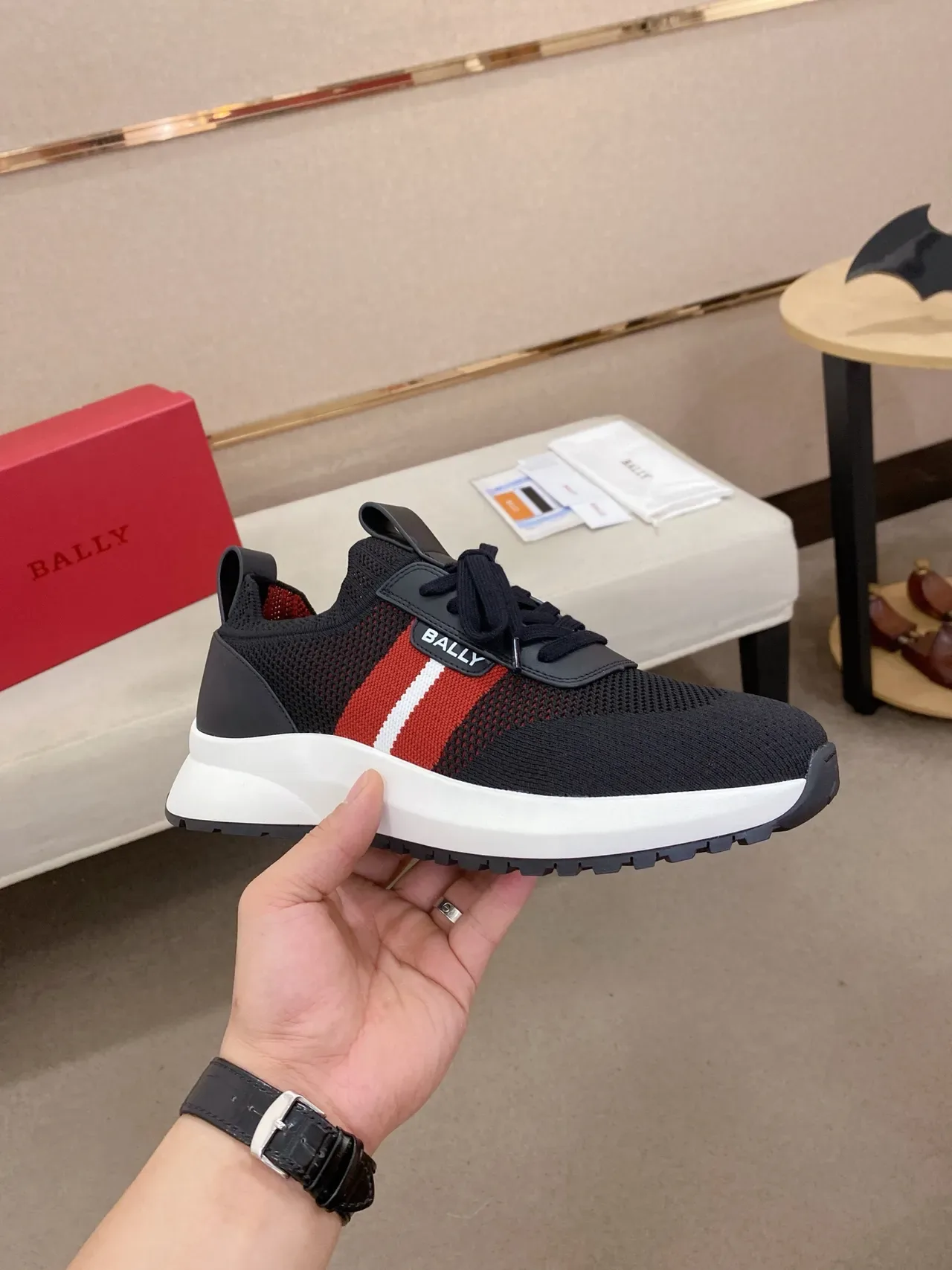 Bally Black Red Knit Mesh Upper Stripe Accent Sneakers 4