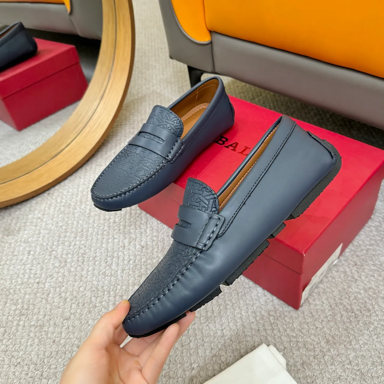 Bally Embossed Monogram Navy Loafers 6
