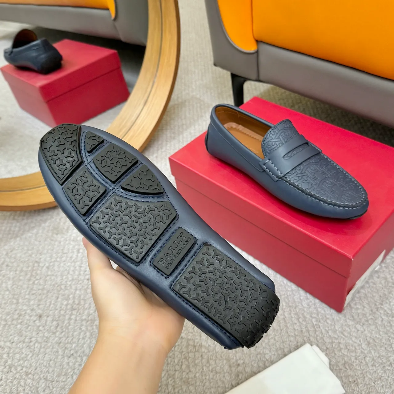 Bally Embossed Monogram Navy Loafers 8
