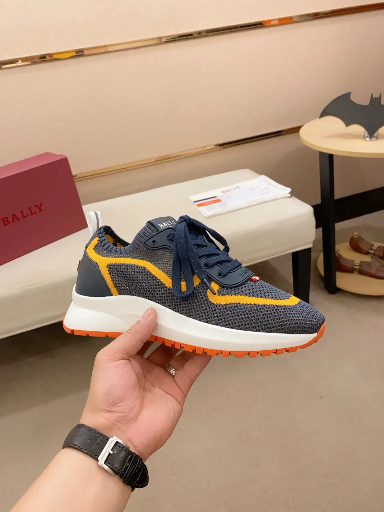 Bally Gray Yellow Knit Mesh Upper Contrasting Wave Stripe Sneakers 4