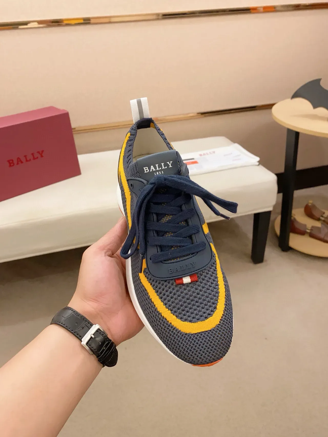 Bally Gray Yellow Knit Mesh Upper Contrasting Wave Stripe Sneakers 5