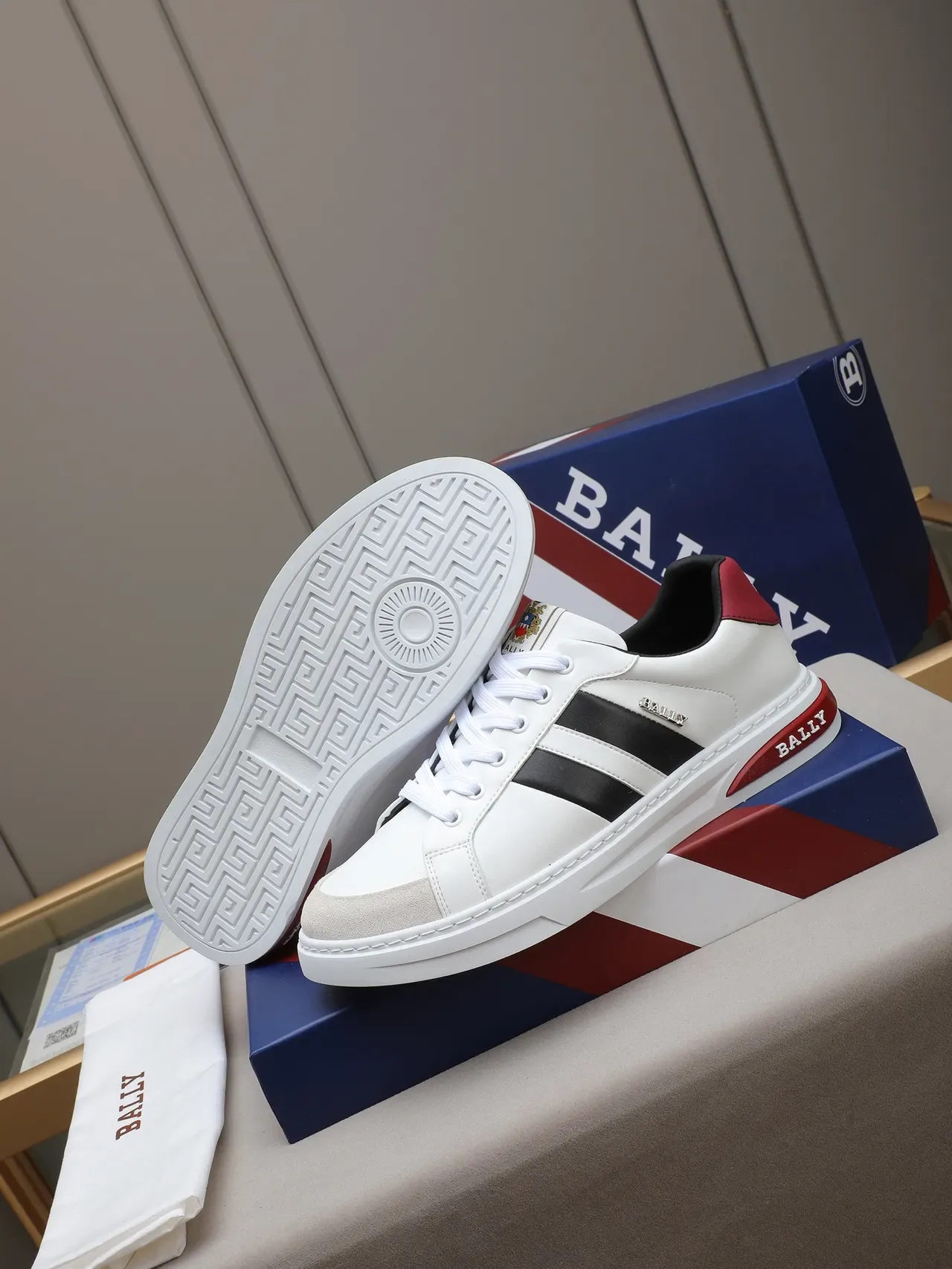 BALLY White Black Red Striped Low-Top Lifestyle Sneaker 5
