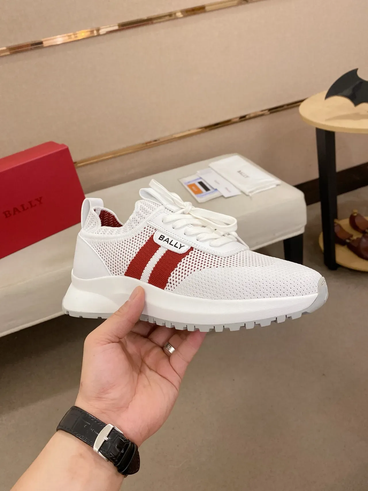 BALLY White Red Mesh Upper Stripe Accent Lifestyle Sneakers 4