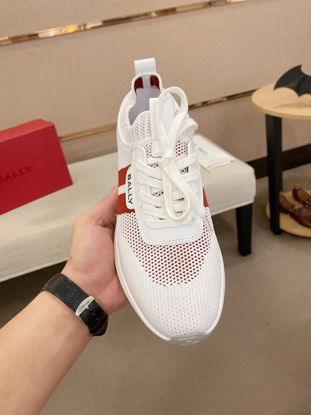 BALLY White Red Mesh Upper Stripe Accent Lifestyle Sneakers 5