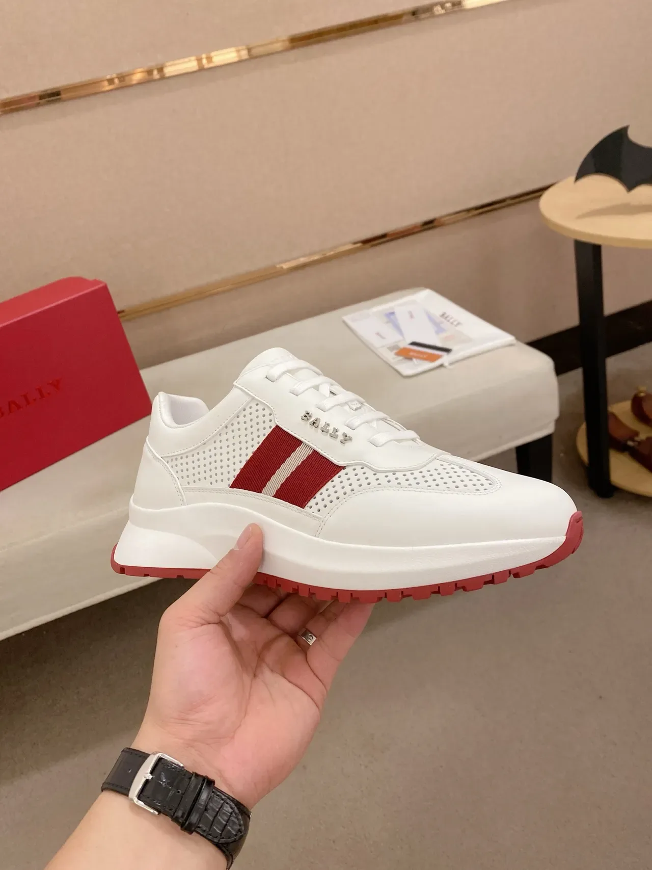 Bally White Red Perforated Leather Triple-Stripe Side Panel Lifestyle Sneakers 4