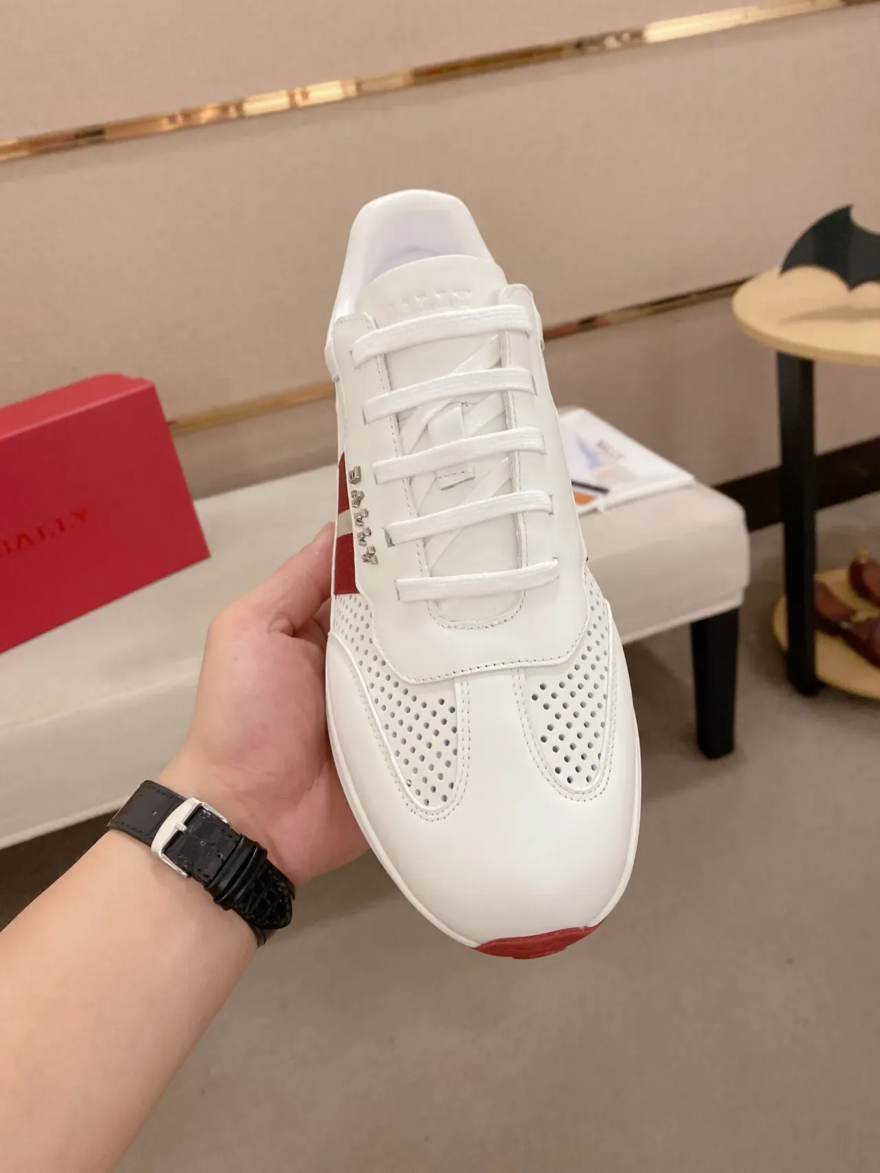 Bally White Red Perforated Leather Triple-Stripe Side Panel Lifestyle Sneakers 5