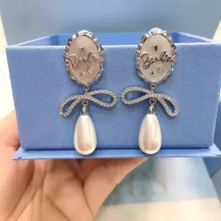 Barbie Oval Bow Pearl Drop Earrings