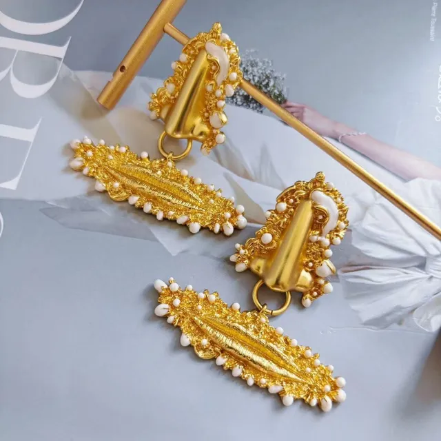 Baroque-Inspired Pearl-Embellished Sculptural Gold-Tone Drop Earrings 2