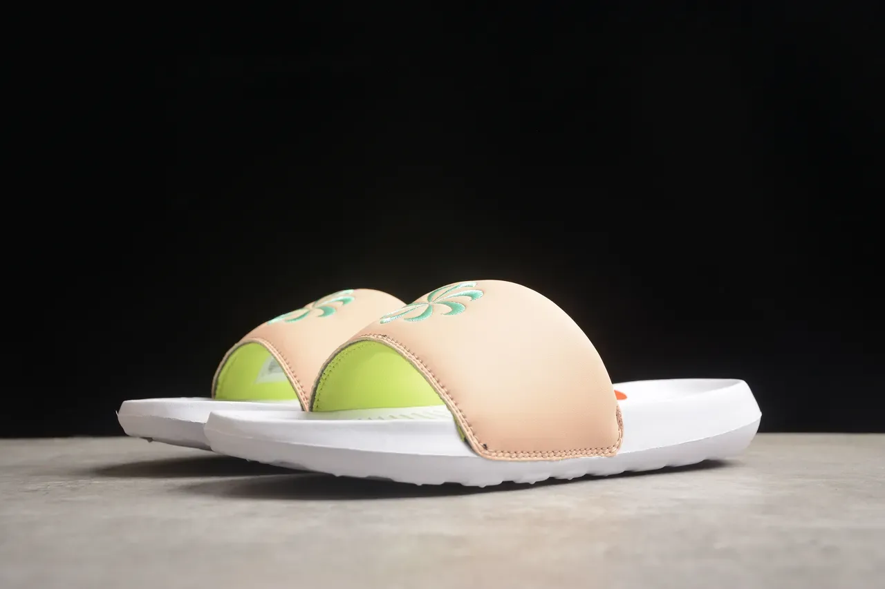 Beige and Lime Green Embroidered Floral Strap Slippers 12