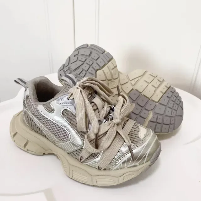 Beige and Silver Oversized Lace-Up Chunky Sneaker 3