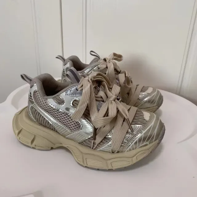Beige and Silver Oversized Lace-Up Chunky Sneaker 4