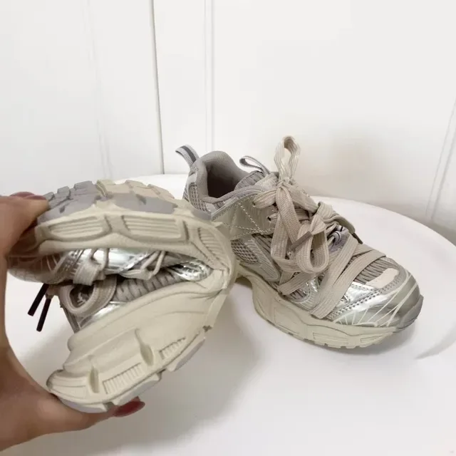 Beige and Silver Oversized Lace-Up Chunky Sneaker 5