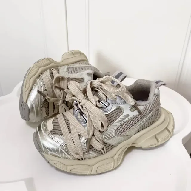 Beige and Silver Oversized Lace-Up Chunky Sneaker 6