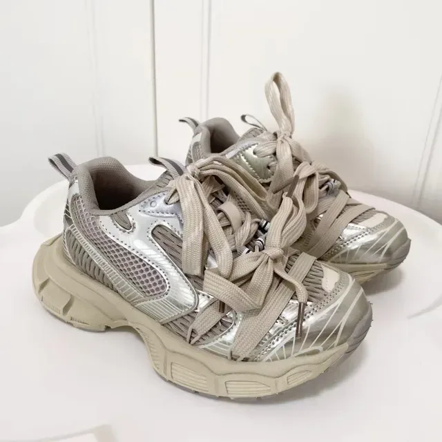 Beige and Silver Oversized Lace-Up Chunky Sneaker 11