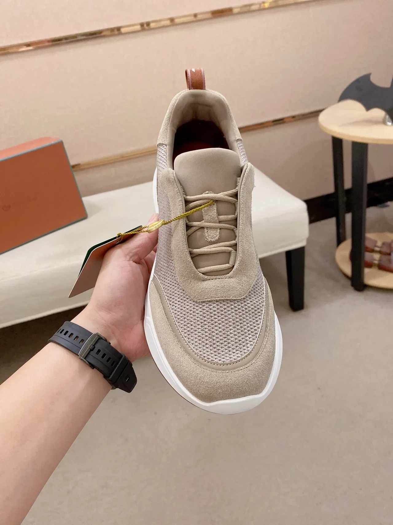 Beige and White Mesh-Suede Chunky Sneaker 5