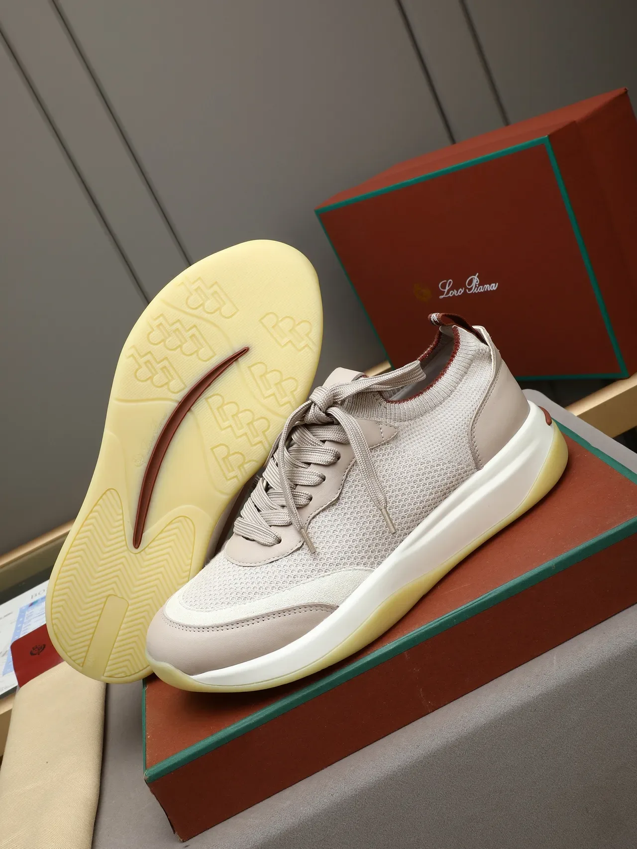 Beige Red Mesh-and-Synthetic Upper Dual-Density Platform Sole Sneakers 4