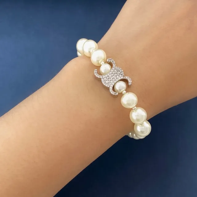 Beige Silver Pearl Strand Crystal-Embellished Centerpiece Bracelet 2