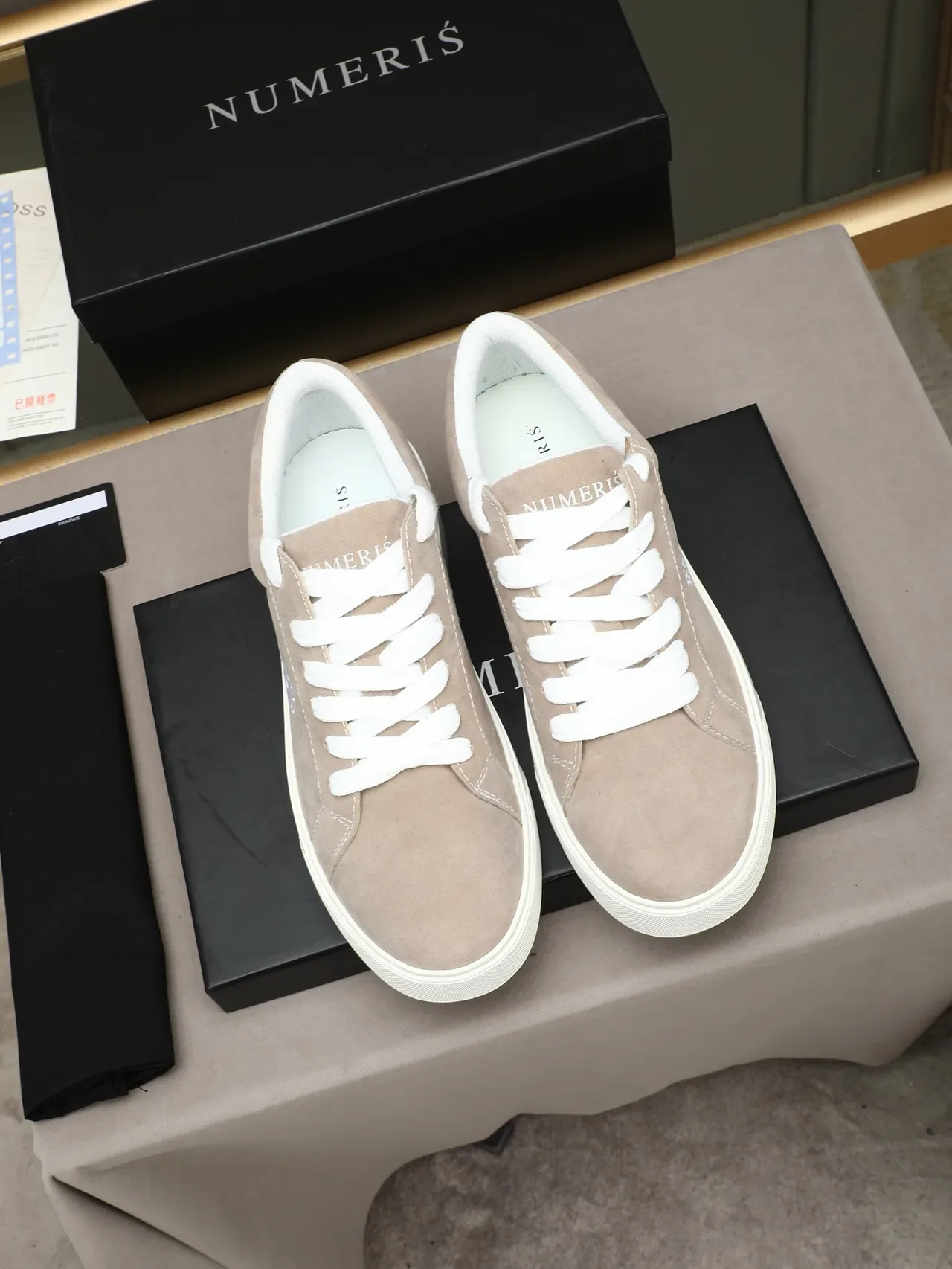 Beige Suede Embroidered Logo Platform Sneakers 3