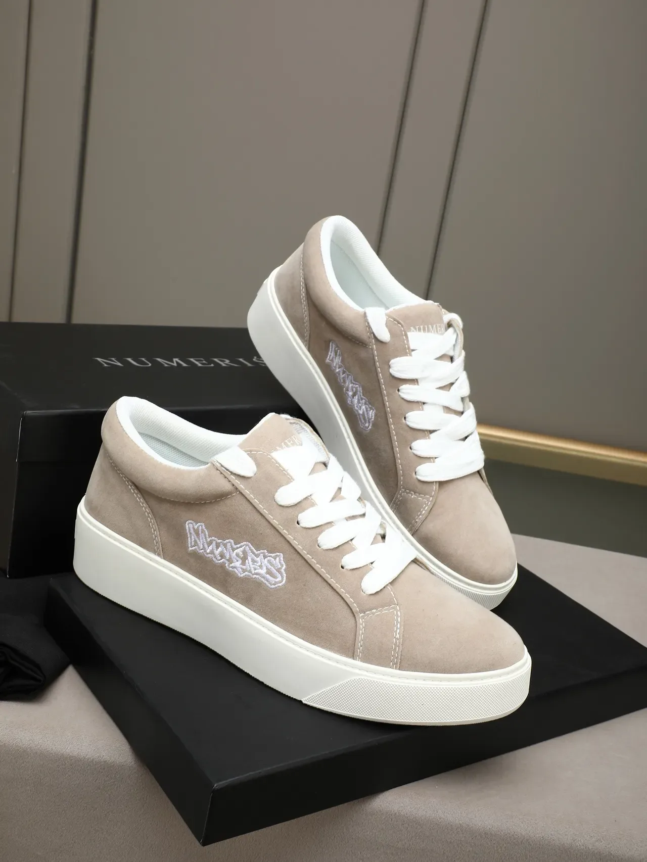 Beige Suede Embroidered Logo Platform Sneakers 4