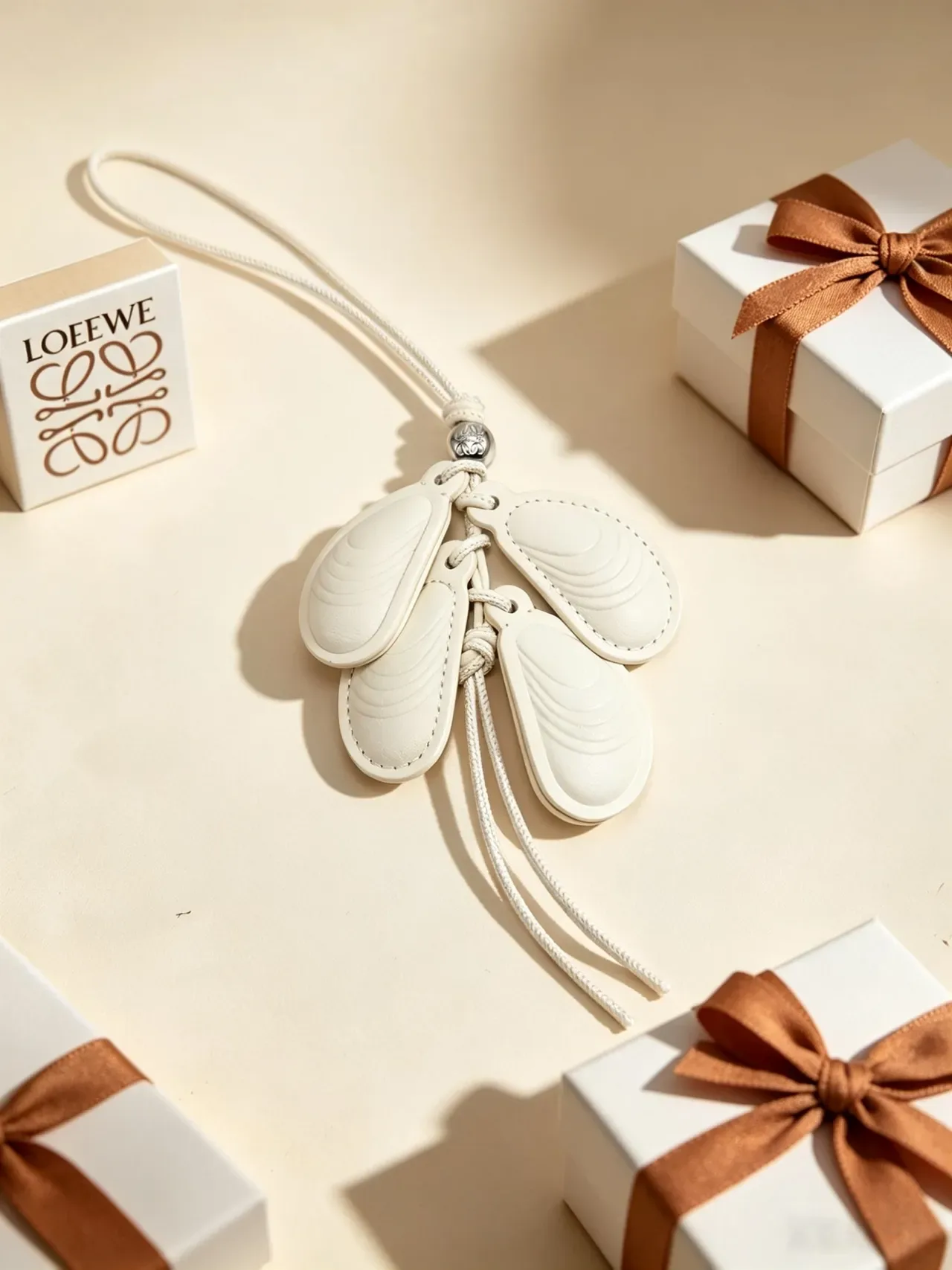 Beige White Sculpted Shell Charms Braided Cord Attachment Handbag 4