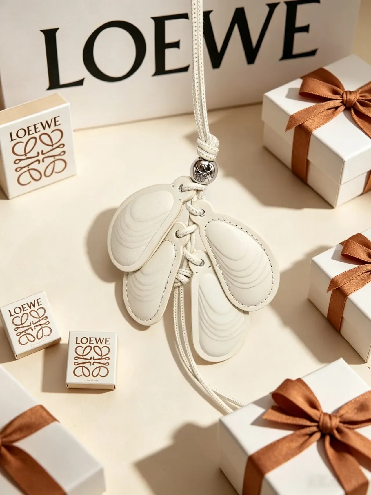 Beige White Sculpted Shell Charms Braided Cord Attachment Handbag 6