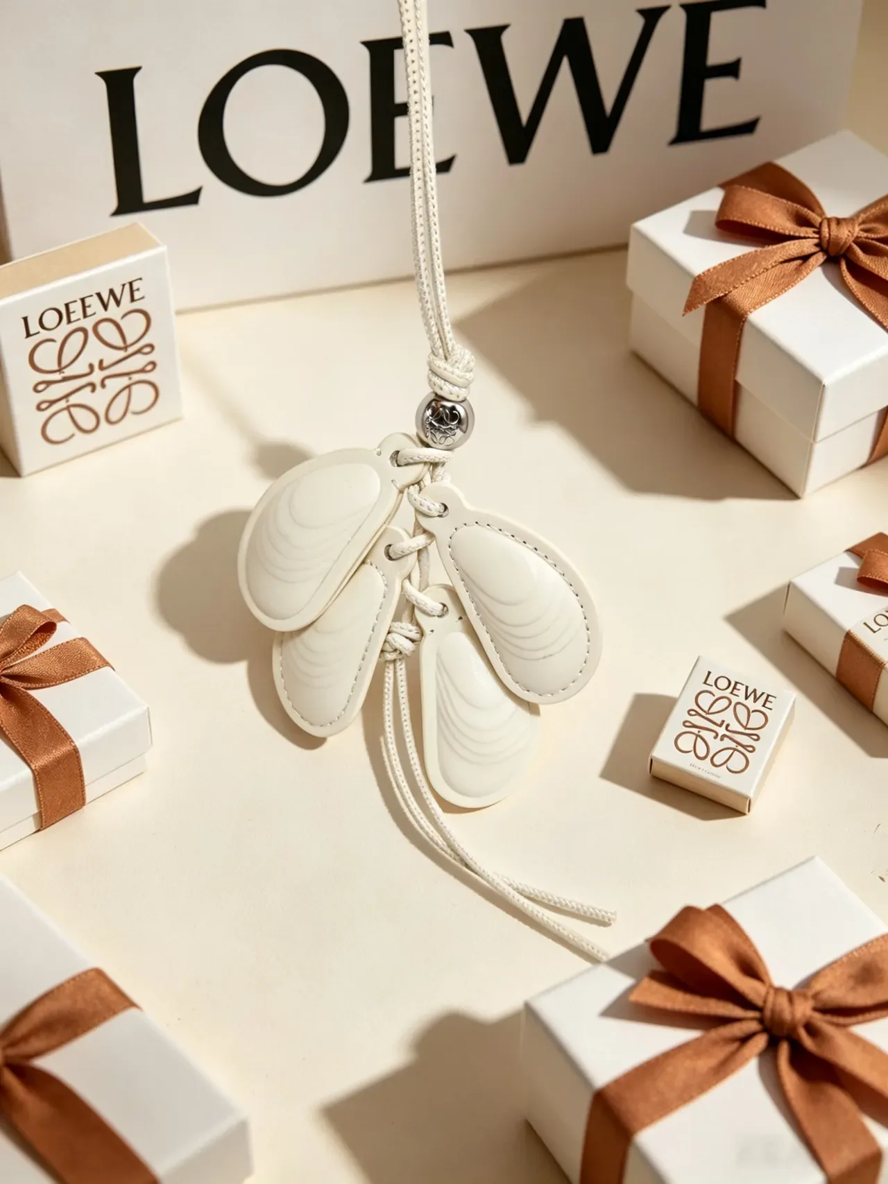 Beige White Sculpted Shell Charms Braided Cord Attachment Handbag 7