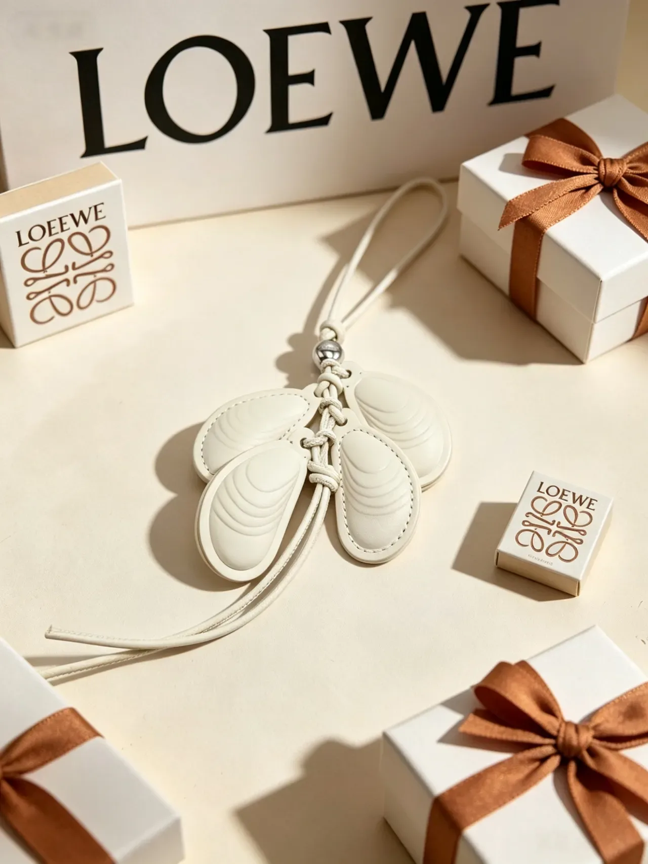 Beige White Sculpted Shell Charms Braided Cord Attachment Handbag 8