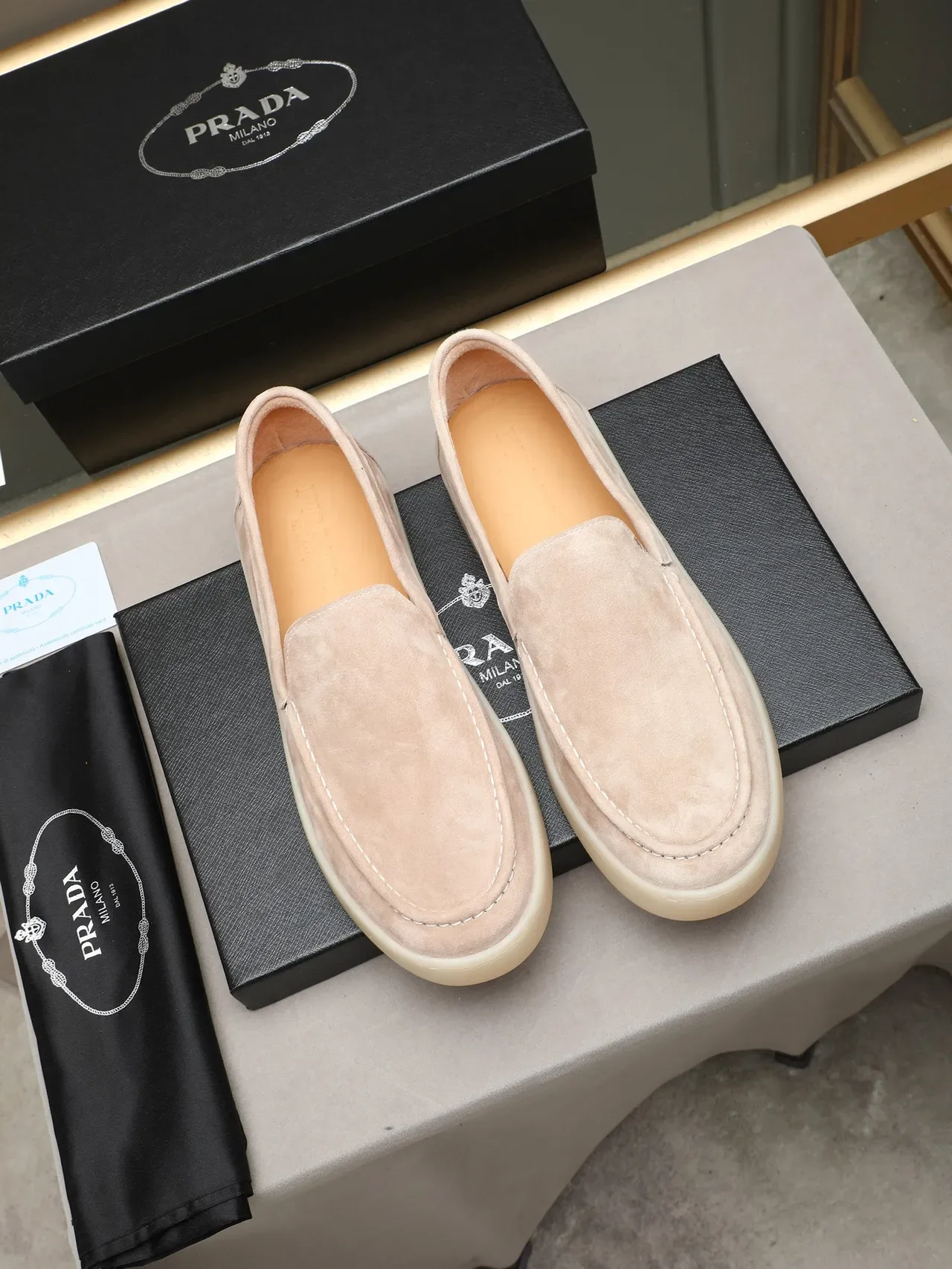 Beige White Suede Upper Moccasin-Stitched Vamp Loafer 3