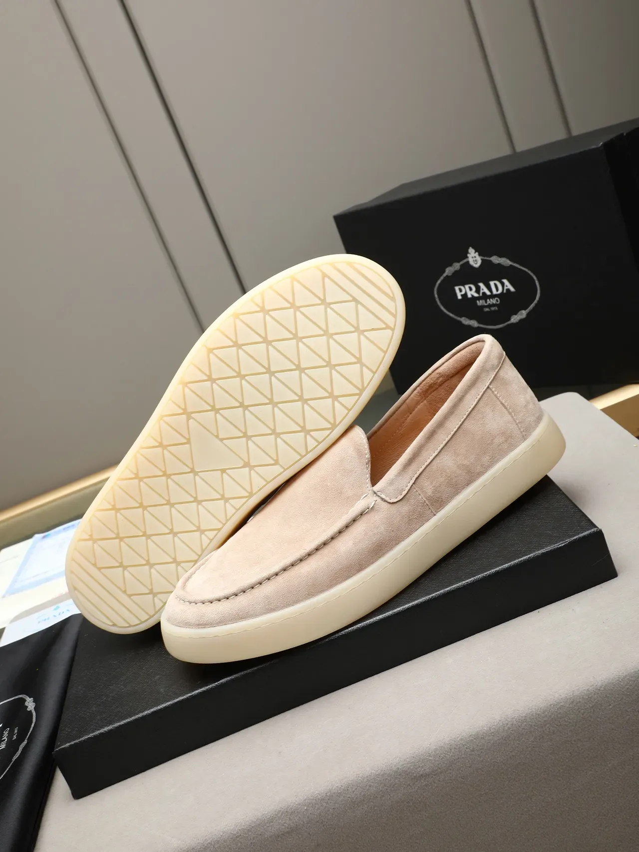 Beige White Suede Upper Moccasin-Stitched Vamp Loafer 4