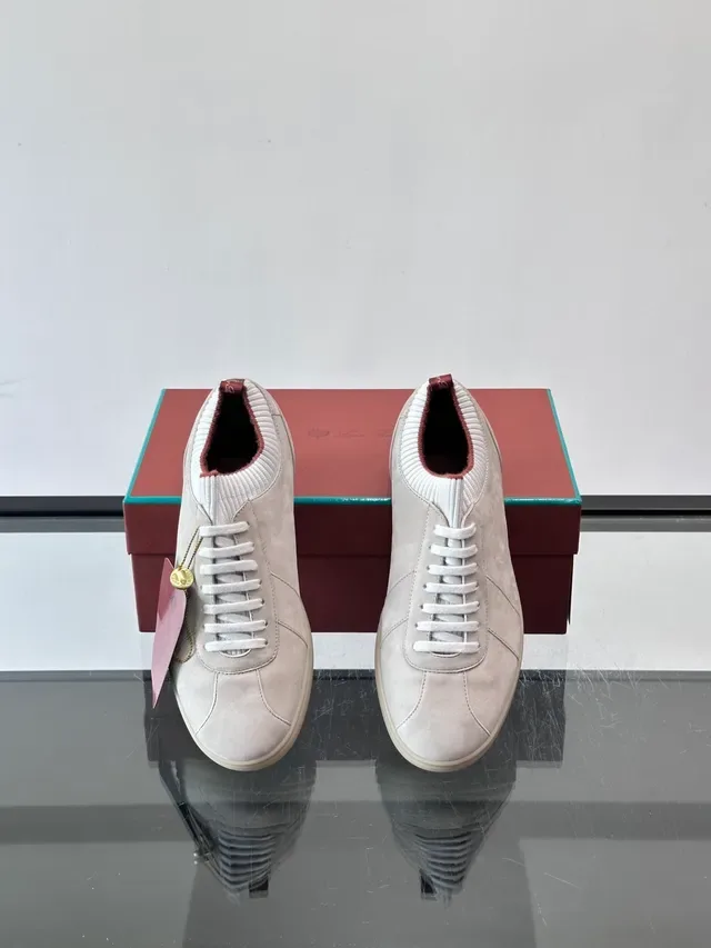 Beige White Suede Upper Ribbed Knit Collar Sneakers 4