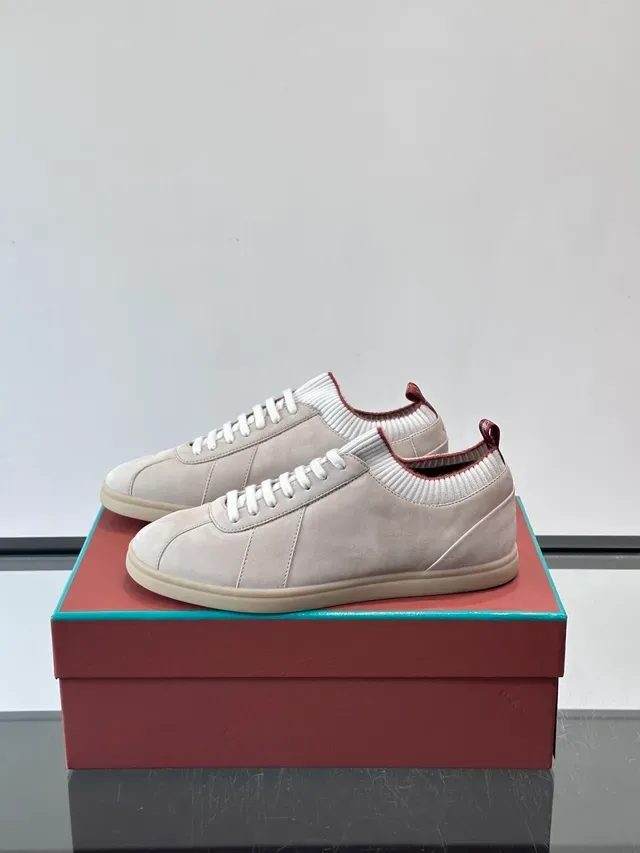 Beige White Suede Upper Ribbed Knit Collar Sneakers 5