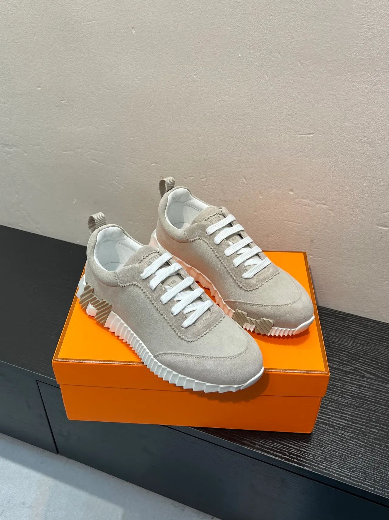 Beige White Suede Upper Sculpted Ridged Sole Sneakers 5