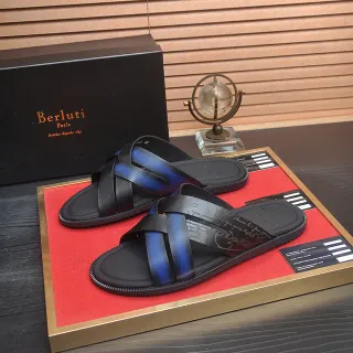 Berluti काला नीला चमड़ा क्रिसक्रॉस स्ट्रैप स्लिपर्स