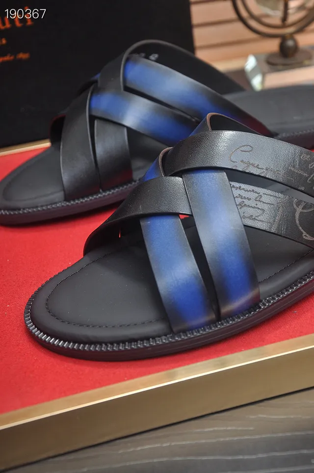 Berluti Black Blue Leather Crisscross Straps Slippers 4