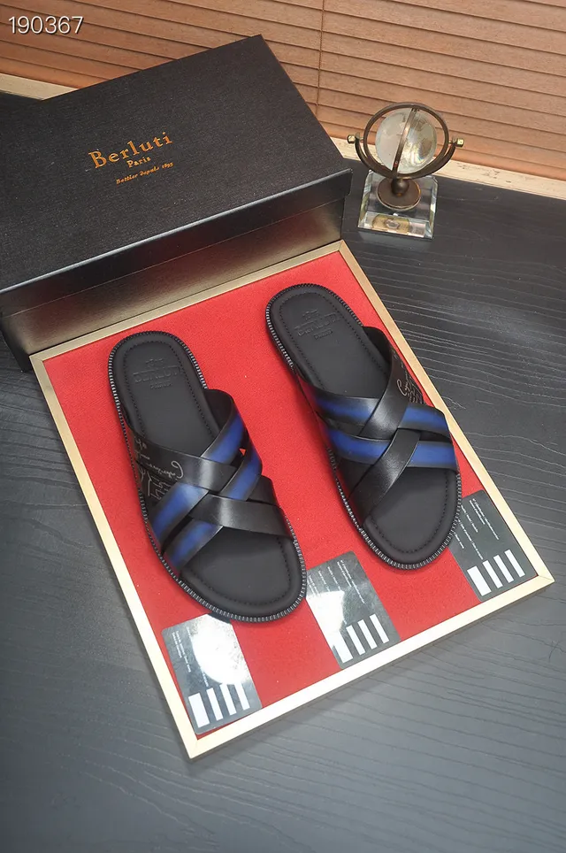 Berluti Black Blue Leather Crisscross Straps Slippers 7