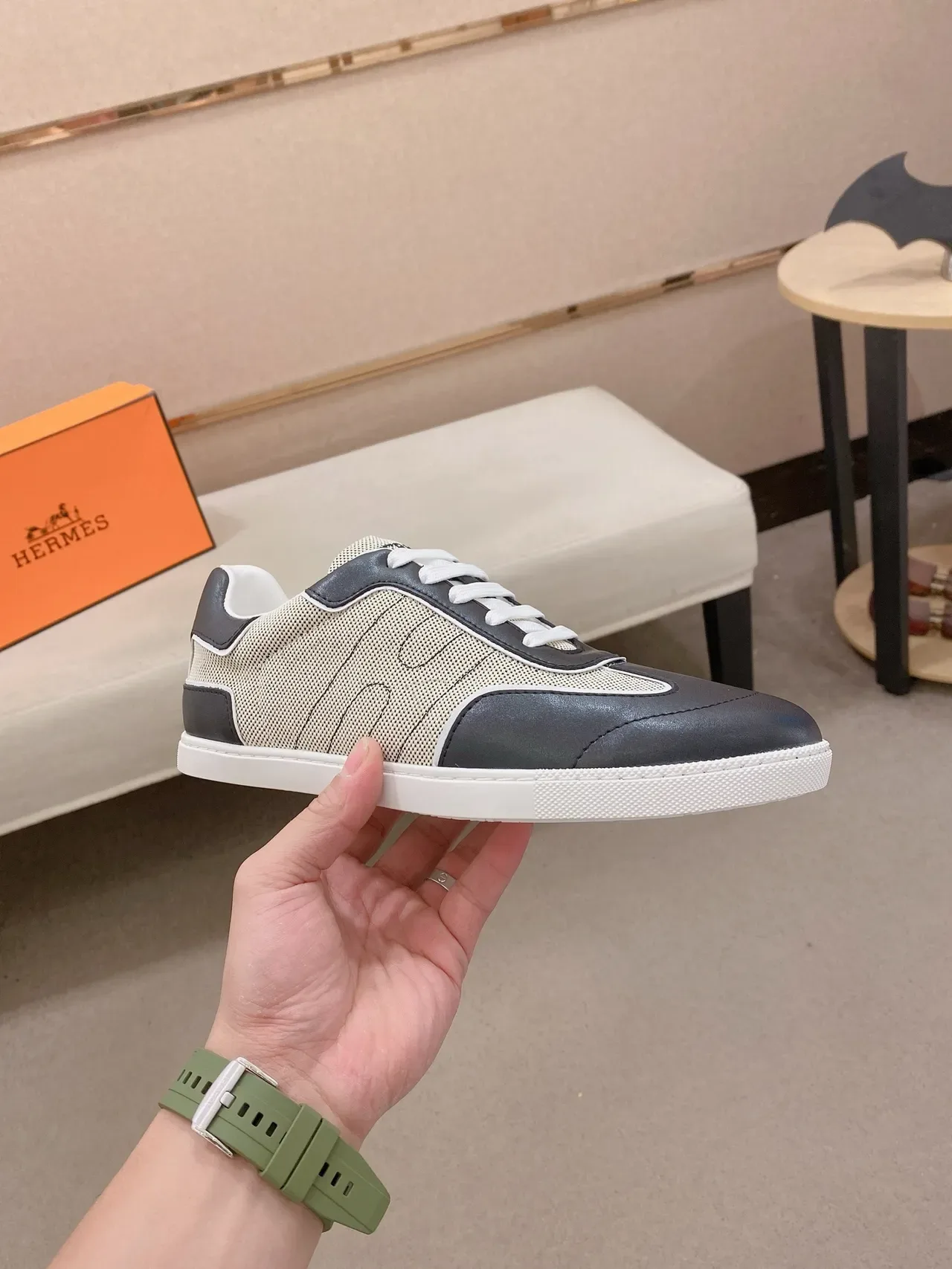 Black and Beige Mixed-Material Lace-Up Sneaker 5