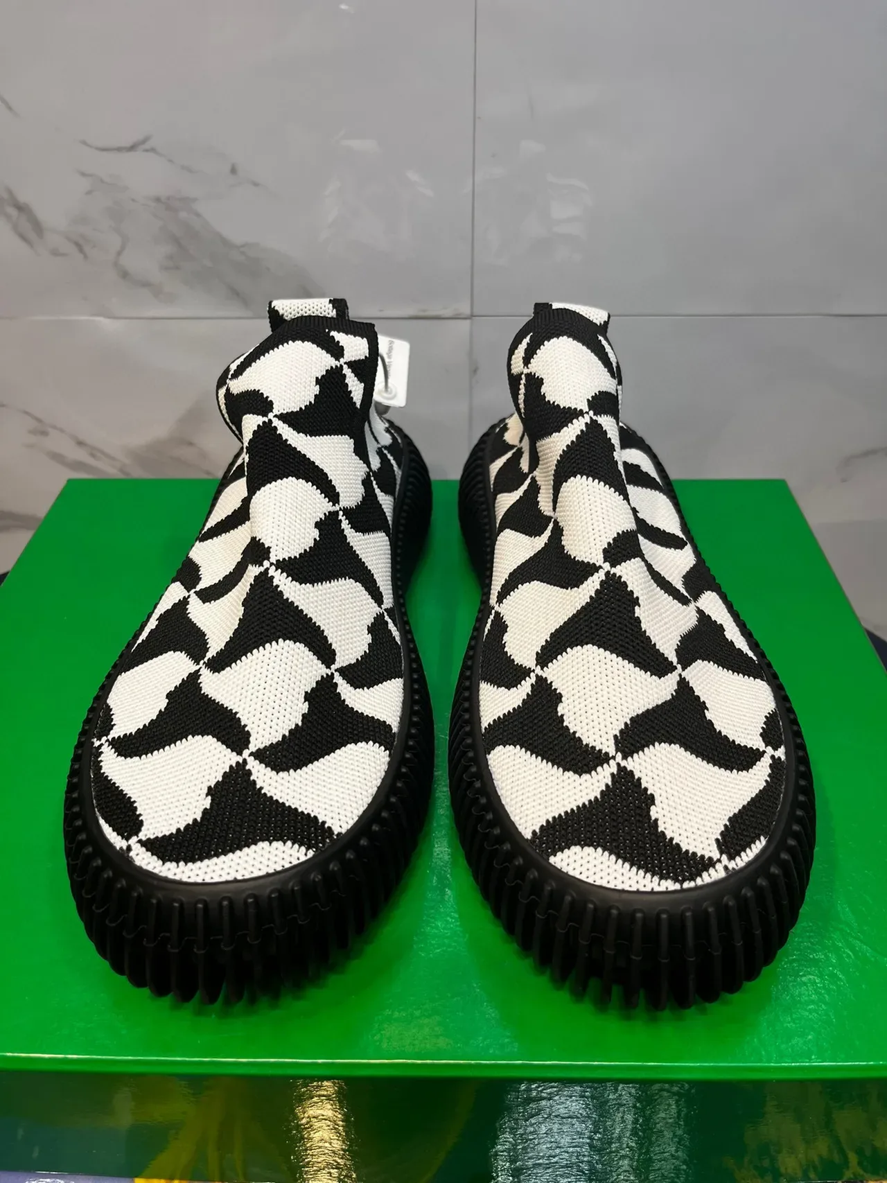 Black and White Geometric Knit Slip-On Lifestyle Sneakers 5