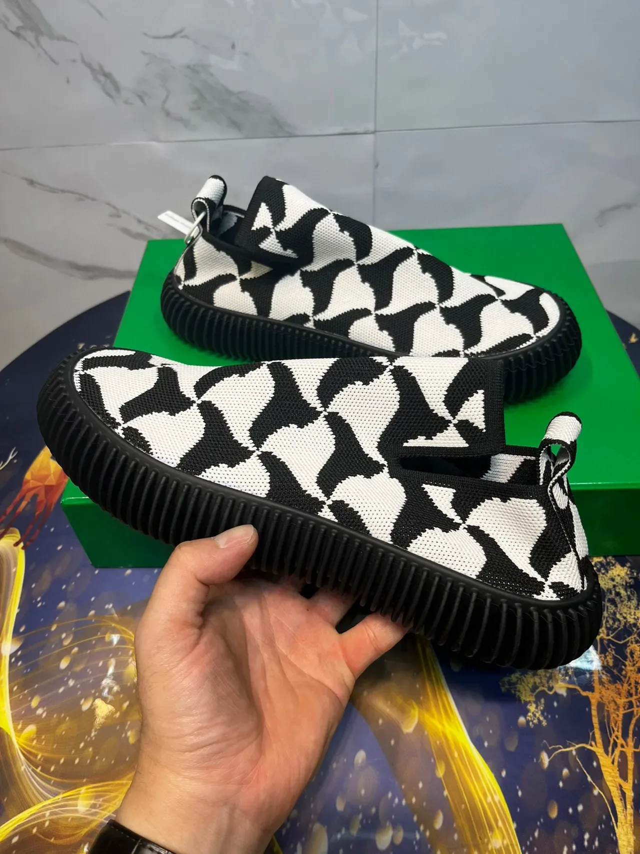 Black and White Geometric Knit Slip-On Lifestyle Sneakers 8