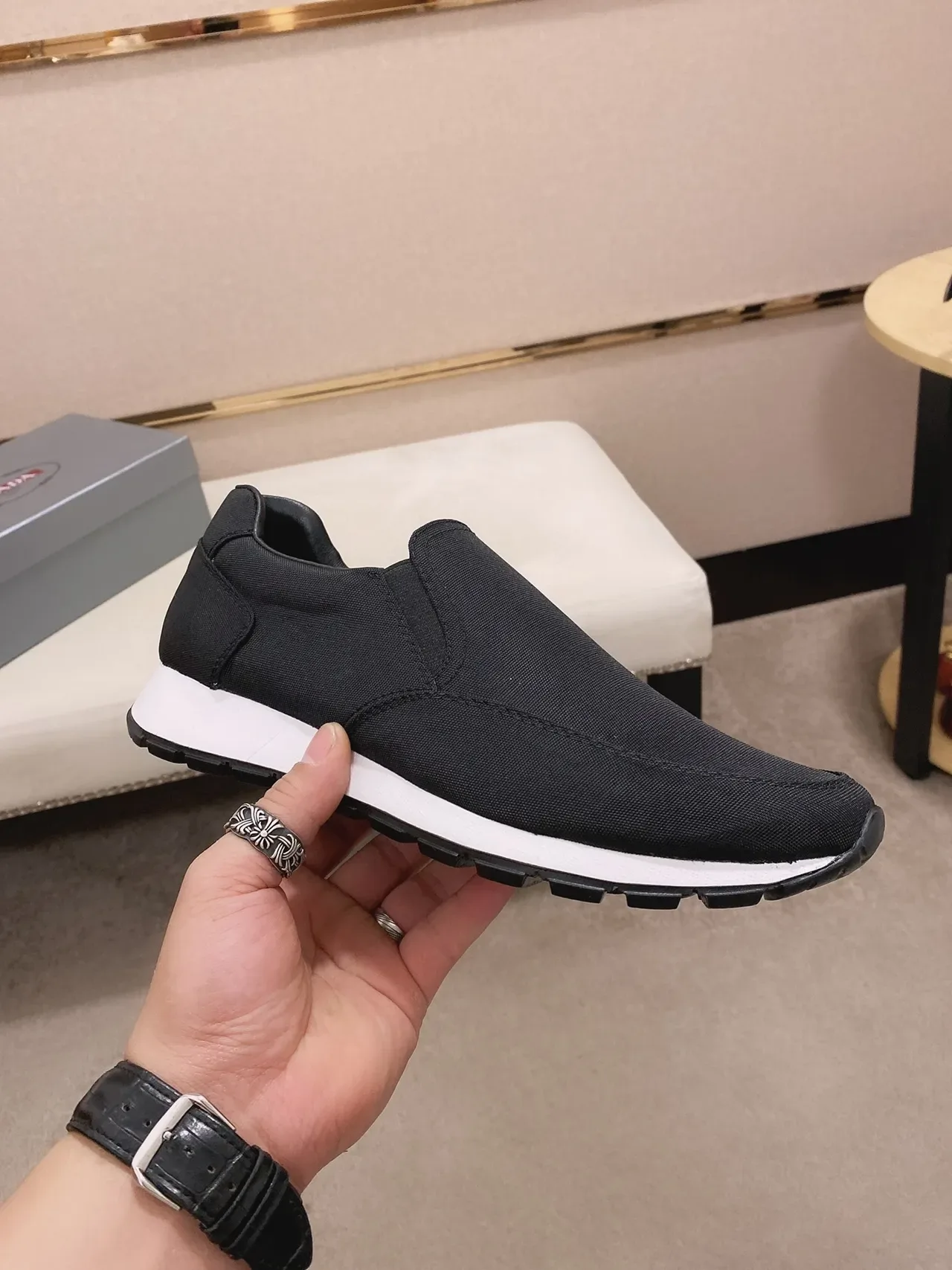Black and White Slip-On Textile Sneaker 6