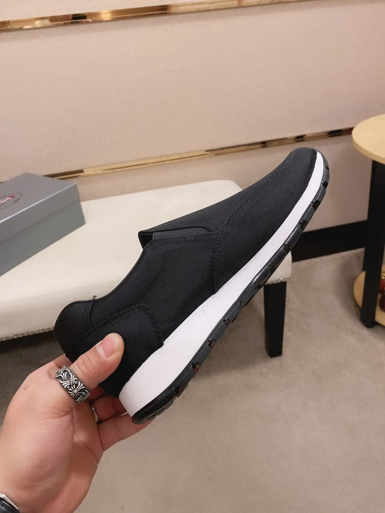 Black and White Slip-On Textile Sneaker 7